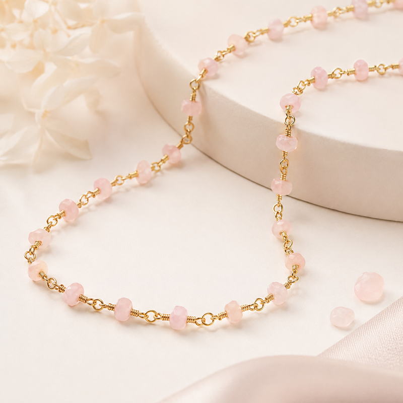 Pink Opal Beaded Rosary Chain – 24K Gold Plated | 3-4mm, 4-5mm, 5-6mm | Jewelry Making Supply