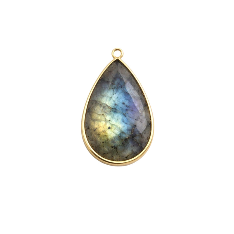 Labradorite Pear Bezel Connector | Faceted Blue Flash Gem | 925 Sterling Silver Gold Plated Charm