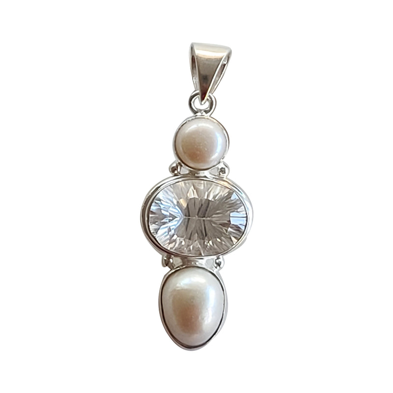 Clear quartz and freshwater pearl handmade gemstone pendants.