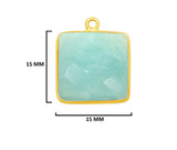 Amazonite natural gemstone bezel charms, 15mm square-shaped bezel pendants, women jewelry-making earrings, bracelets, necklace pendants, and DIY craft supplies. 24k gold plated over 925 sterling silver bezel charms pendants.