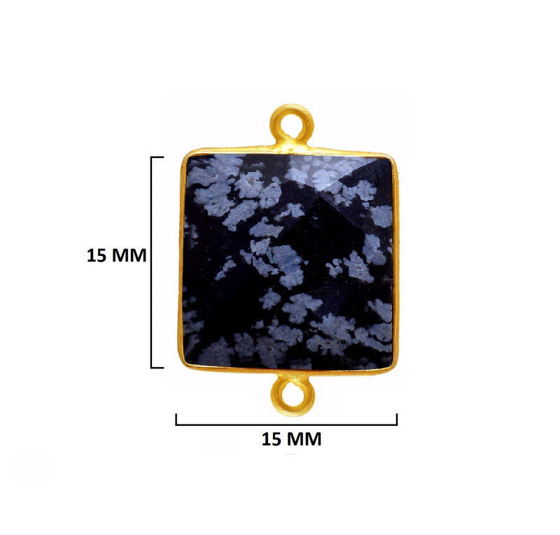 Snowflake Obsidian Stone Necklace for Jewelry Making 15mm Square Bezel Charms Pendants Connectors 24K Gold Plated Over 925 Sterling Silver