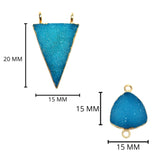 Blue druzy natural bezel charms connectors, 15X20mm triangle-shaped 24k gold electroplated women jewelry-making earrings, bracelets, necklaces, and DIY crafts.
