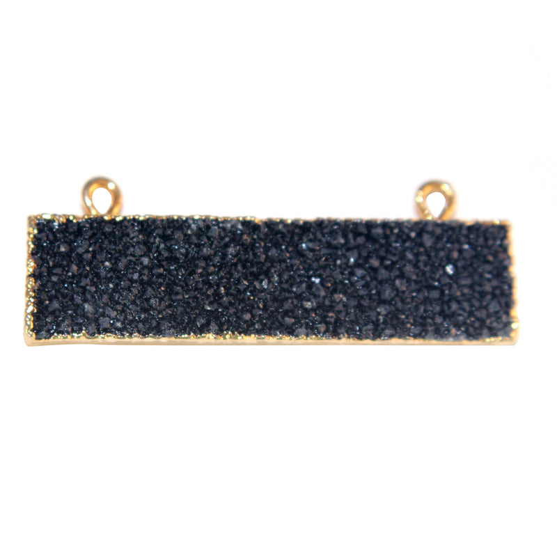 Black druzy natural bezel charms connectors, 10X40mm rectangle-shaped 24k gold electroplated women jewelry-making earrings, bracelets, necklaces, and DIY crafts.