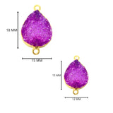 Purple druzy natural bezel charms connectors, 12X15mm pear-shaped 24k gold electroplated women jewelry-making earrings, bracelets, necklaces, and DIY crafts.