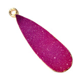 Purple druzy natural bezel charms connectors, 13X30mm pear-shaped 24k gold electroplated women jewelry-making earrings, bracelets, necklaces, and DIY crafts.