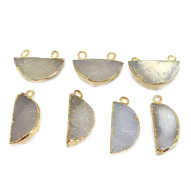 White Druzy Stone Necklace for Jewelry Making 10X25mm 9X18mm Moon/Crescent Bezel Charms Connectors 24K Gold Plated Over 925 Sterling Silver