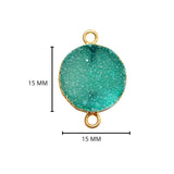 Green druzy natural bezel charms connectors, 15mm coin-round-shaped 24k gold electroplated women jewelry-making earrings, bracelets, necklaces, and DIY crafts.