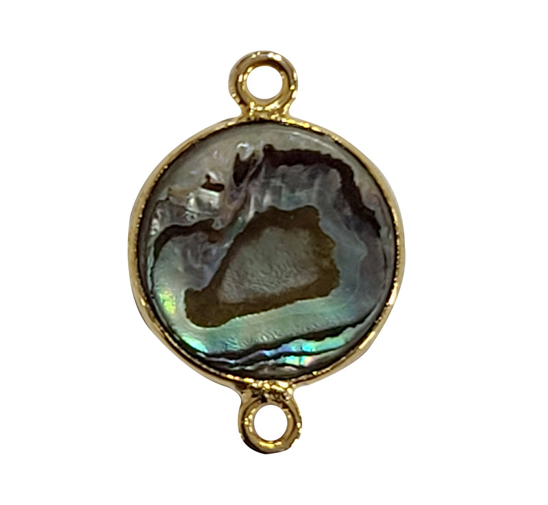 Abalone seashell coin shaped 8mm double bail loop bezel charms connectors pendants 24k gold plated natural gemstone.