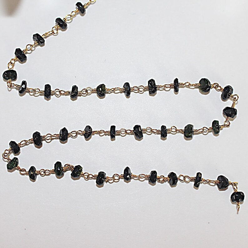 chrome tourmaline natural semi-precious gemstone beads 24k gold plated over silver rosary chain for a necklace, earrings, anklet, and bracelet making.