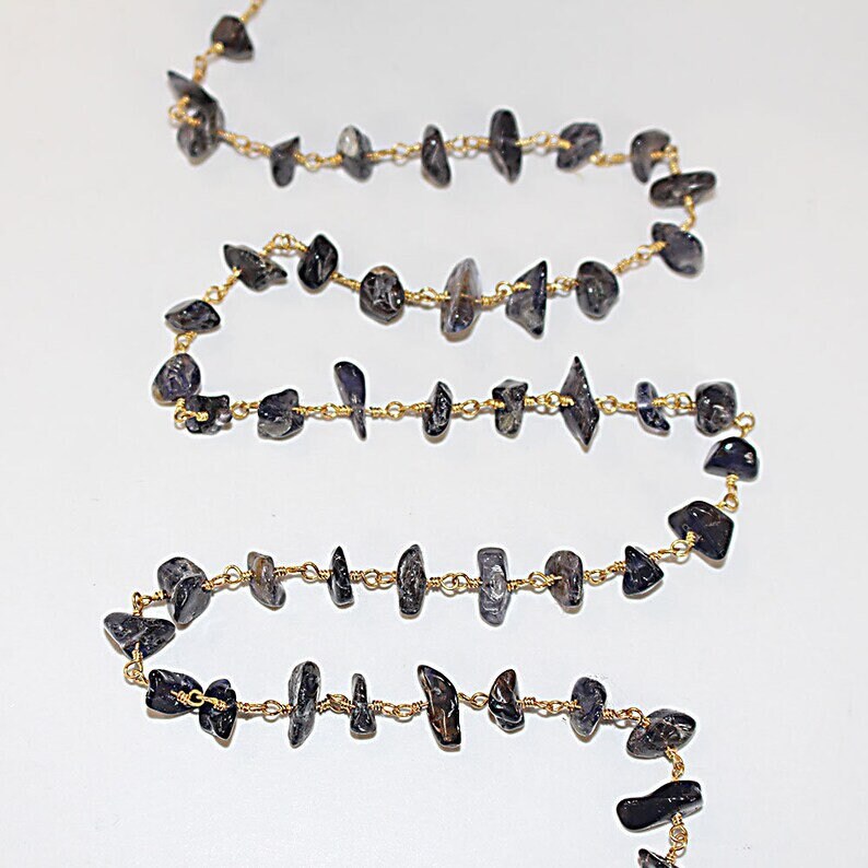 iolite chips semi-precious gemstone beads 24k gold plated over silver rosary chain for a necklace, earrings, anklet, and bracelet making.