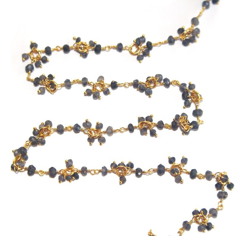 iolite semi-precious gemstone beads 24k gold plated over silver rosary chain for a necklace, earrings, anklet, and bracelet making.