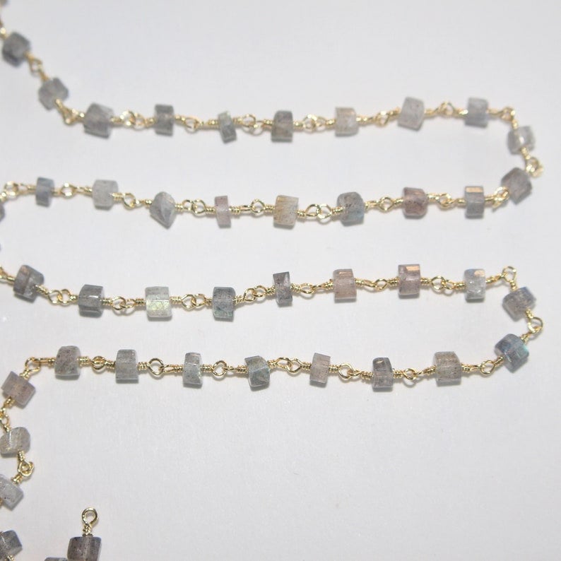 labradorite natural semi-precious gemstone beads 24k gold plated over silver rosary chain for a necklace, earrings, anklet, and bracelet making.