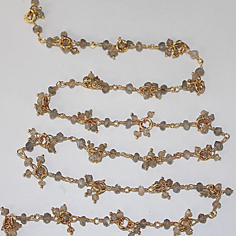 labradorite semi-precious gemstone beads 24k gold plated over silver rosary chain for a necklace, earrings, anklet, and bracelet making.