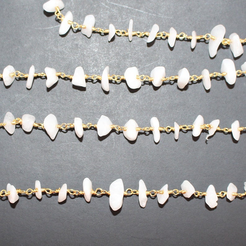white chalcedony chips semi-precious gemstone beads 24k gold plated over silver rosary chain for a necklace, earrings, anklet, and bracelet making.