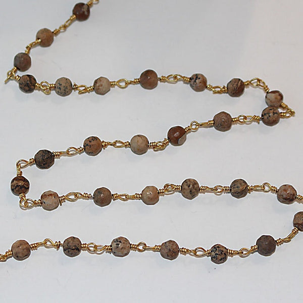 picture jasper natural semi-precious gemstone beads 24k gold plated over silver rosary chain for a necklace, earrings, anklet, and bracelet making.