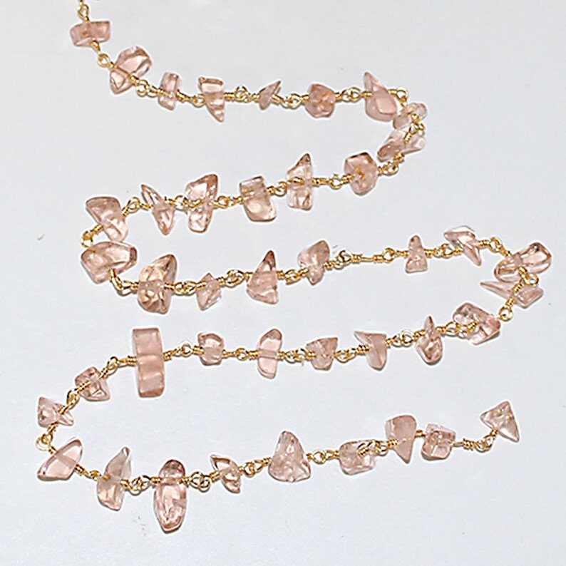 rose quartz chips semi-precious gemstone beads 24k gold plated over silver rosary chain for a necklace, earrings, anklet, and bracelet making.