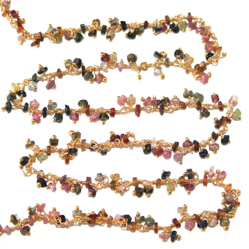 multi tourmaline natural semi-precious gemstone beads 24k gold plated over silver rosary chain for a necklace, earrings, anklet, and bracelet making.