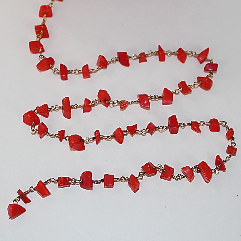red coral chips semi-precious gemstone beads 24k gold plated over silver rosary chain for a necklace, earrings, anklet, and bracelet making.