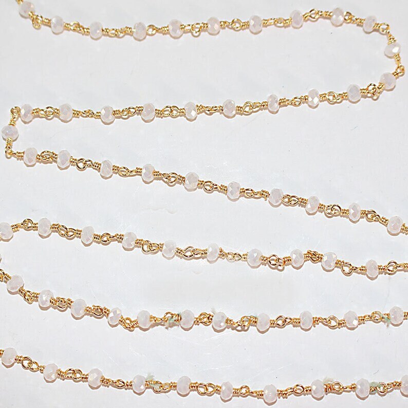 white chalcedony quartz gemstone bead chain 24k gold plated over silver, women jewelry making necklaces, earrings, and bracelets bead chain.