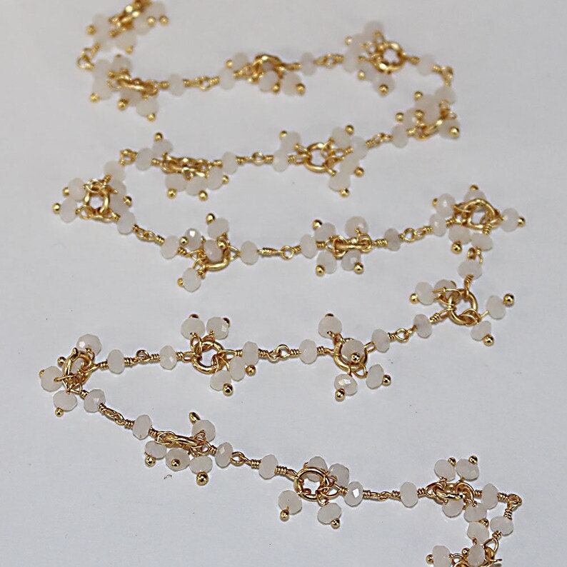 white chalcedony gemstone bead chain 24k gold plated over silver, women jewelry making necklaces, earrings, and bracelets bead chain.