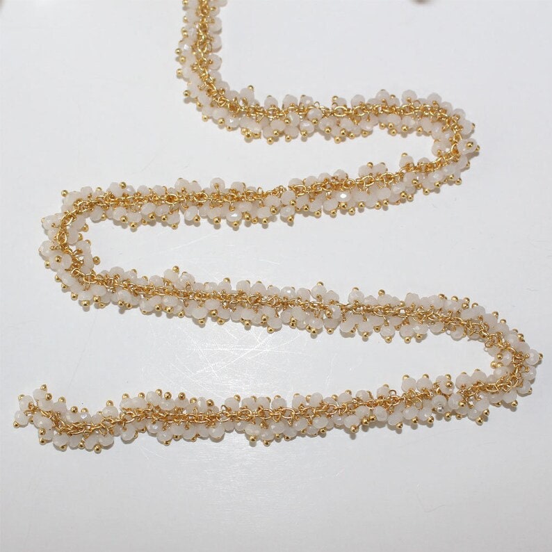 white chalcedony mystic semi-precious gemstone beads 24k gold plated over silver rosary chain for a necklace, earrings, anklet, and bracelet making.