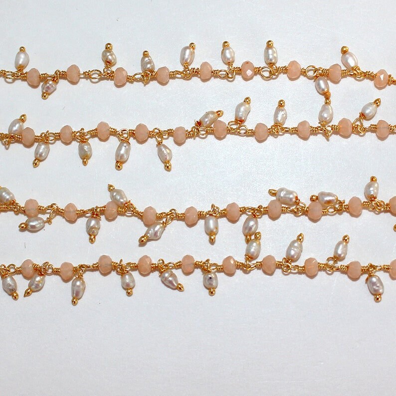 Pink opal quartz gemstone bead chain 24k gold plated over silver, women jewelry making necklaces, earrings, and bracelets bead chain.