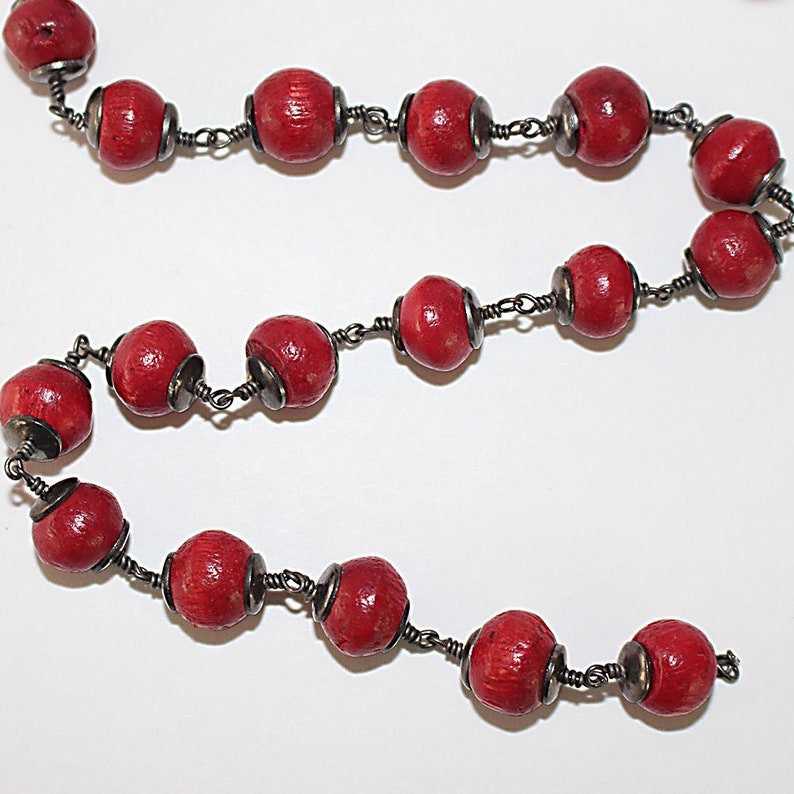 wooden beads red semi-precious gemstone beads black oxidized antique rosary chain for a necklace, earrings, anklet, and bracelet making.