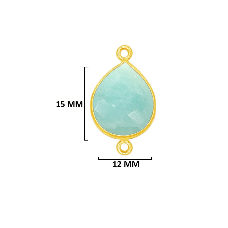 Amazonite natural gemstone bezel charms, 12X15mm pear-shaped bezel connectors, women jewelry-making earrings, bracelets, necklace pendants, and DIY craft supplies. 24k gold plated over 925 sterling silver bezel charms connectors.