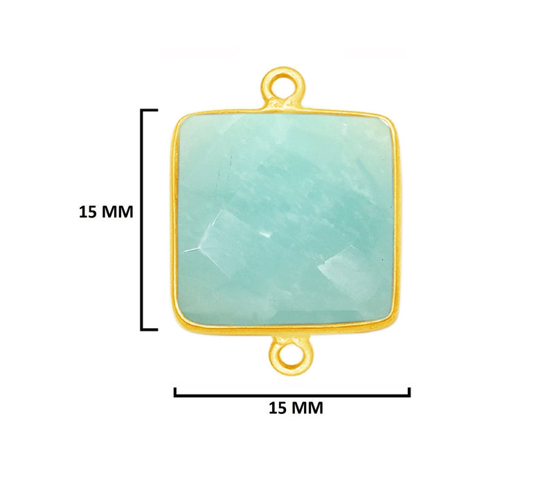 Amazonite natural gemstone bezel charms, 15mm square-shaped bezel connectors, women jewelry-making earrings, bracelets, necklace pendants, and DIY craft supplies. 24k gold plated over 925 sterling silver bezel charms connectors.