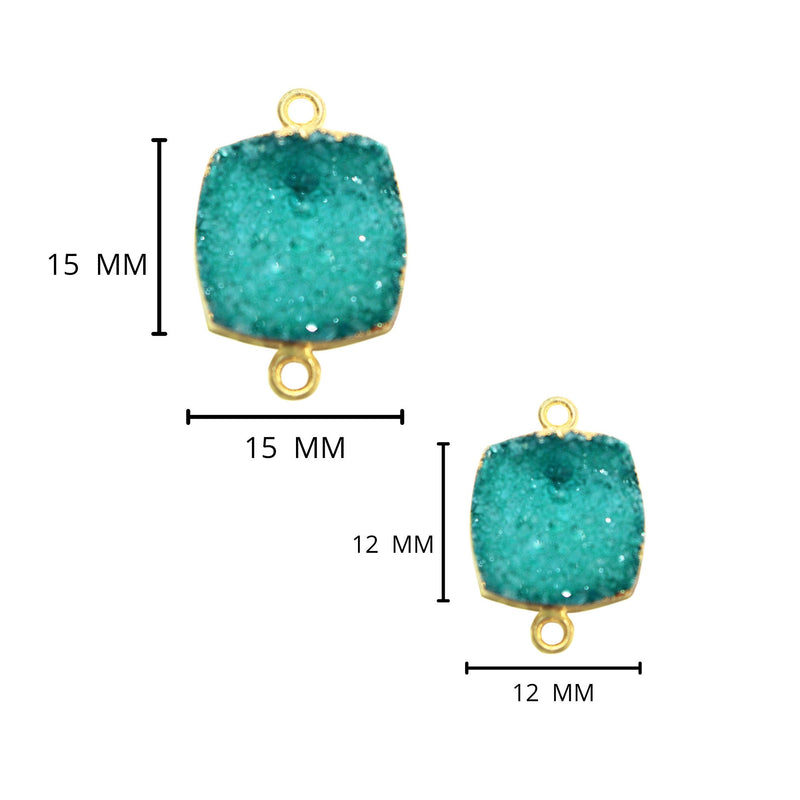 Green druzy natural bezel charms connectors, 12mm square-shaped 24k gold electroplated women jewelry-making earrings, bracelets, necklaces, and DIY crafts.