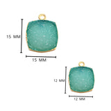Green druzy natural bezel charms pendants, 12mm square-shaped 24k gold electroplated women jewelry-making earrings, bracelets, necklaces, and DIY crafts.