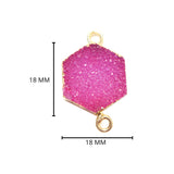 Pink druzy natural bezel charms connectors, 18mm hexagon-shaped 24k gold electroplated women jewelry-making earrings, bracelets, necklaces, and DIY crafts.
