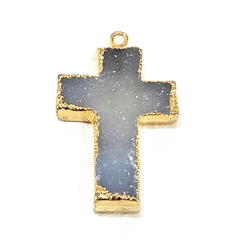 White druzy natural bezel charms connectors, 20X30mm cross-shaped 24k gold electroplated women jewelry-making earrings, bracelets, necklaces, and DIY crafts.