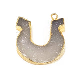 White druzy natural bezel charms connectors, 20mm u-shaped 24k gold electroplated women jewelry-making earrings, bracelets, necklaces, and DIY crafts.