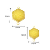 Yellow druzy natural bezel charms connectors, 12mm hexagon-shaped 24k gold electroplated women jewelry-making earrings, bracelets, necklaces, and DIY crafts.