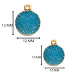 Blue druzy natural bezel charms pendants, 12mm coin-round-shaped 24k gold electroplated women jewelry-making earrings, bracelets, necklaces, and DIY crafts.