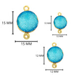 Blue druzy natural bezel charms connectors, 15mm coin-round-shaped 24k gold electroplated women jewelry-making earrings, bracelets, necklaces, and DIY crafts.