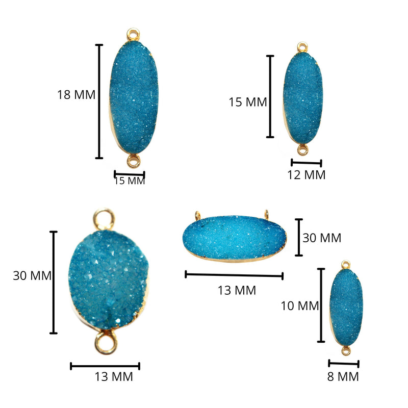 Blue druzy natural bezel charms connectors, 12X15mm oval-shaped 24k gold electroplated women jewelry-making earrings, bracelets, necklaces, and DIY crafts.