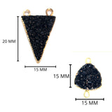 Black druzy natural bezel charms connectors, 15mm triangle-shaped 24k gold electroplated women jewelry-making earrings, bracelets, necklaces, and DIY crafts.