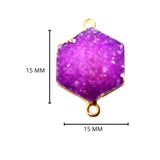 Purple druzy natural bezel charms connectors, 15mm hexagon-shaped 24k gold electroplated women jewelry-making earrings, bracelets, necklaces, and DIY crafts.