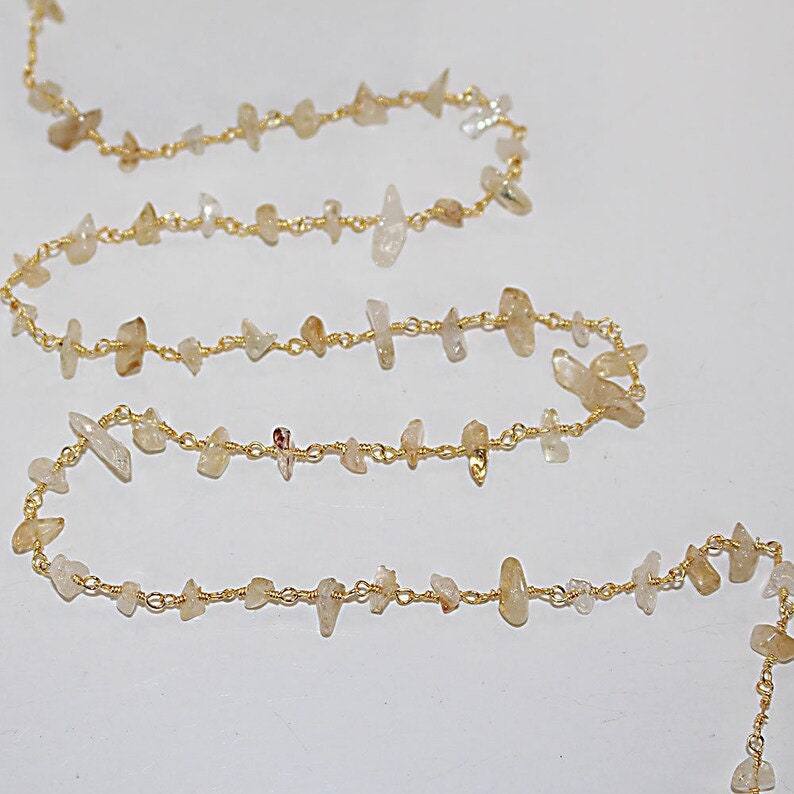 citrine chips semi-precious gemstone beads 24k gold plated over silver rosary chain for a necklace, earrings, anklet, and bracelet making.