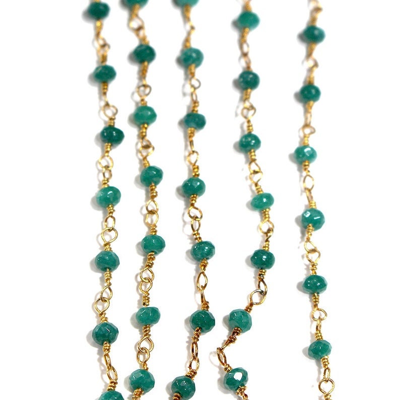 emerald jade natural semi-precious gemstone beads 24k gold plated over silver rosary chain for a necklace, earrings, anklet, and bracelet making.