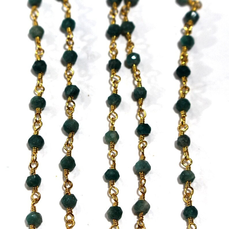 emerald natural semi-precious gemstone beads 24k gold plated over silver rosary chain for a necklace, earrings, anklet, and bracelet making.