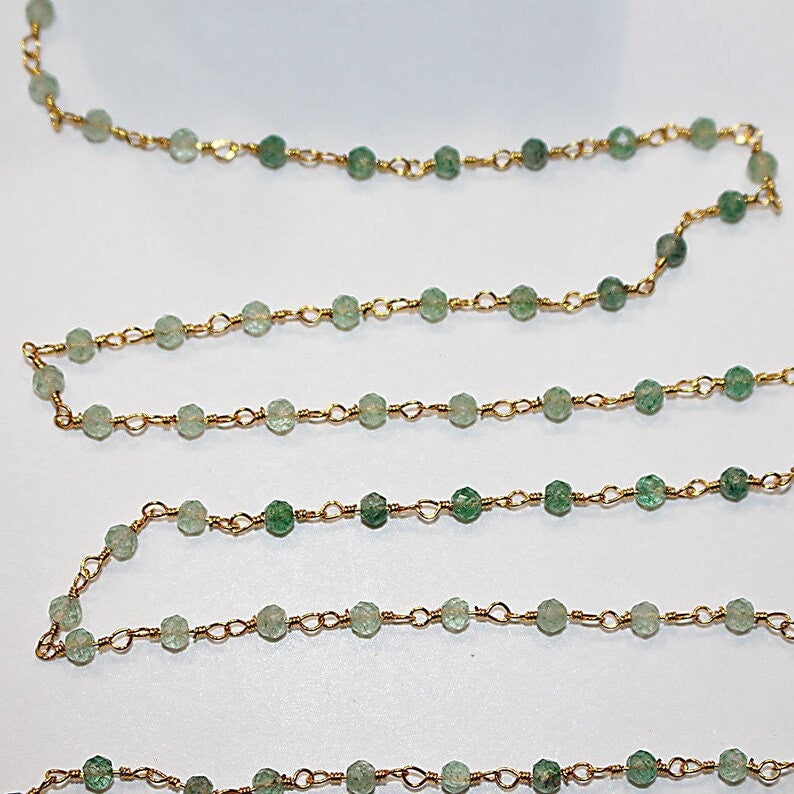 green aventurine natural semi-precious gemstone beads 24k gold plated over silver rosary chain for a necklace, earrings, anklet, and bracelet making.