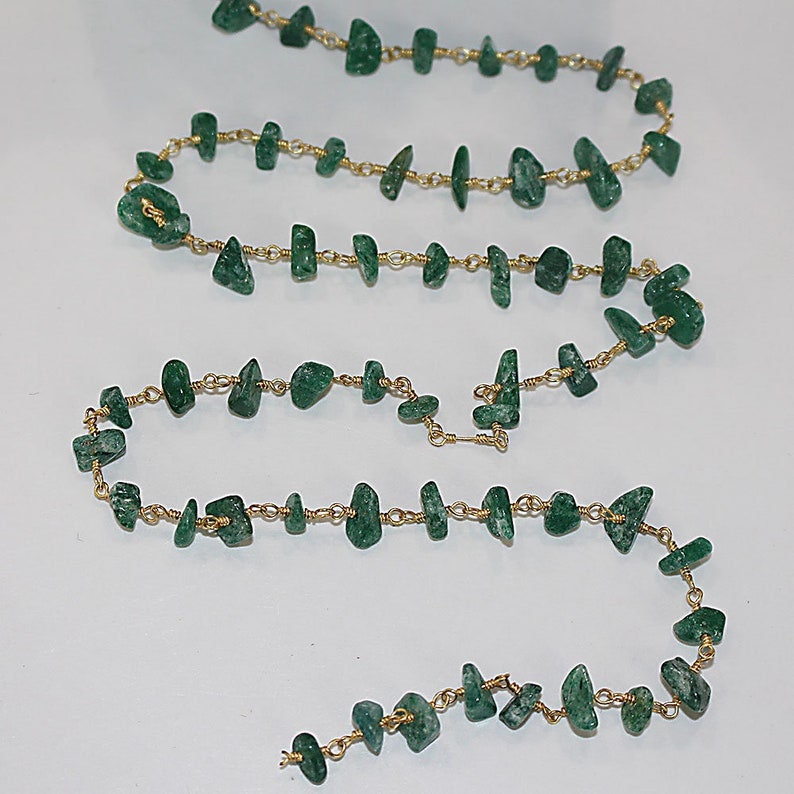 green aventurine chips semi-precious gemstone beads 24k gold plated over silver rosary chain for a necklace, earrings, anklet, and bracelet making.