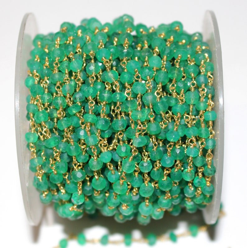 green onyx natural semi-precious gemstone beads 24k gold plated over silver rosary chain for a necklace, earrings, anklet, and bracelet making.