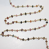 Multi-color tourmaline natural gemstone beads, 3mm faceted bead chains, handmade cluster rosary bead chain, 24k gold plated over silver wire-wrapped chains by the foot. Women jewelry making necklaces, earrings, anklets, and bracelets chains.