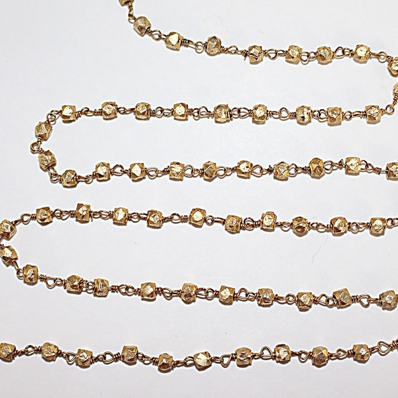Pyrite nuggeet coated semi-precious gemstone beads 24k gold plated over silver rosary chain for a necklace, earrings, anklet, and bracelet making.