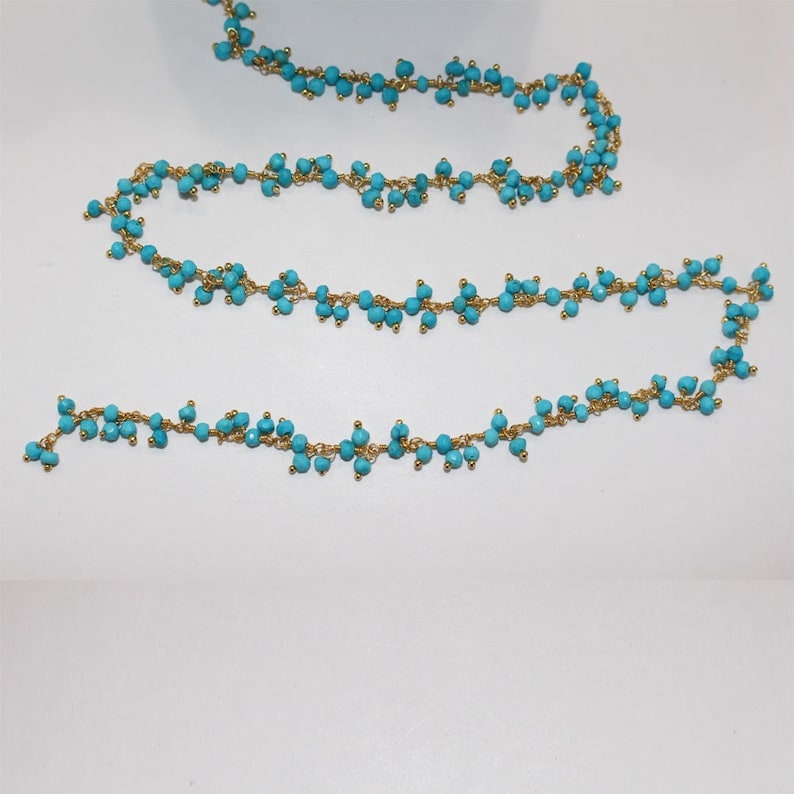turquoise semi-precious gemstone beads 24k gold plated over silver rosary chain for a necklace, earrings, anklet, and bracelet making.