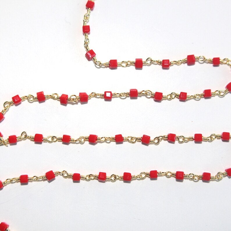 coral red box quartz gemstone bead chain 24k gold plated over silver, women jewelry making necklaces, earrings, and bracelets bead chain.